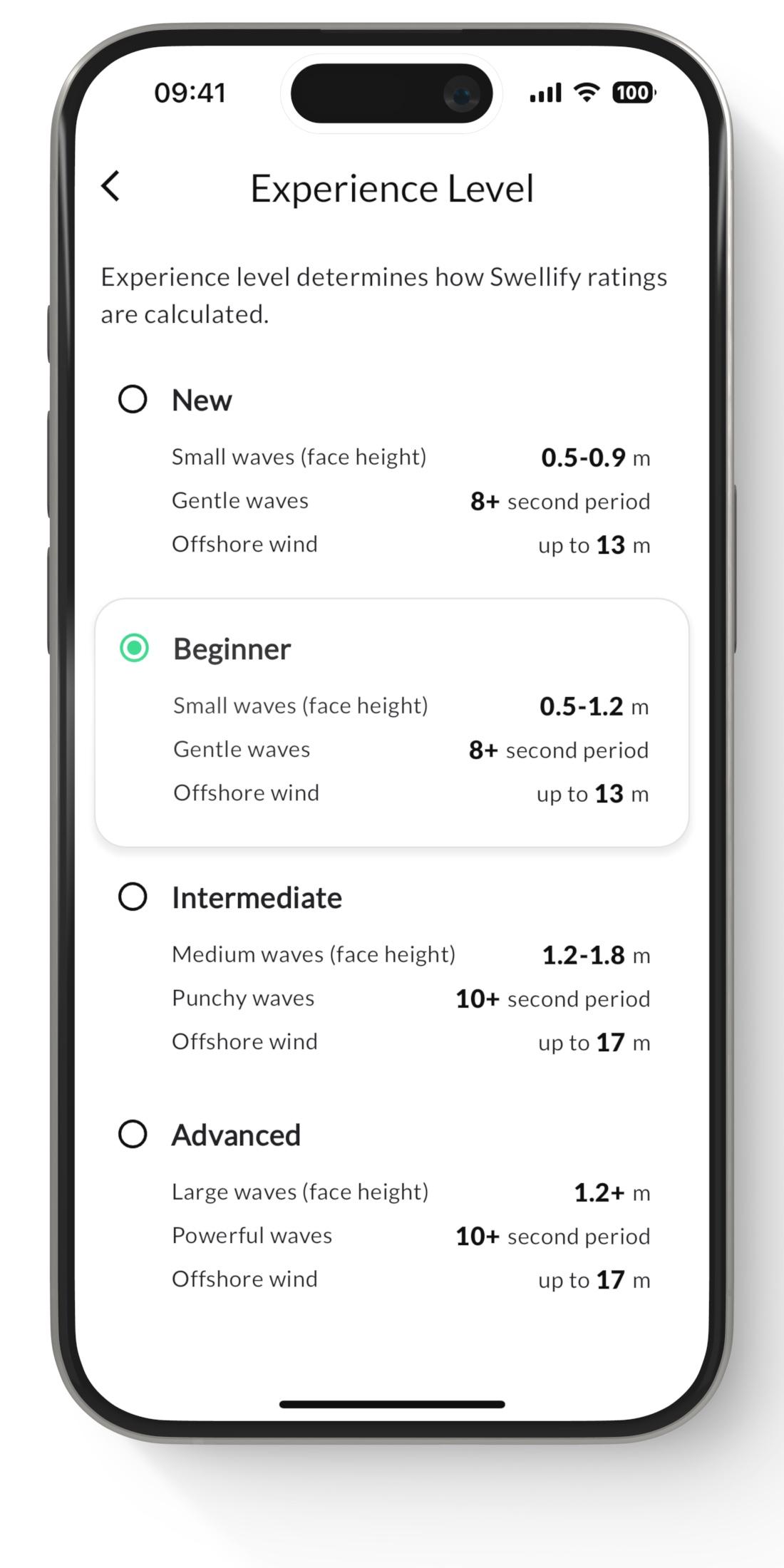 iPhone 15 showing Swellify experience level settings