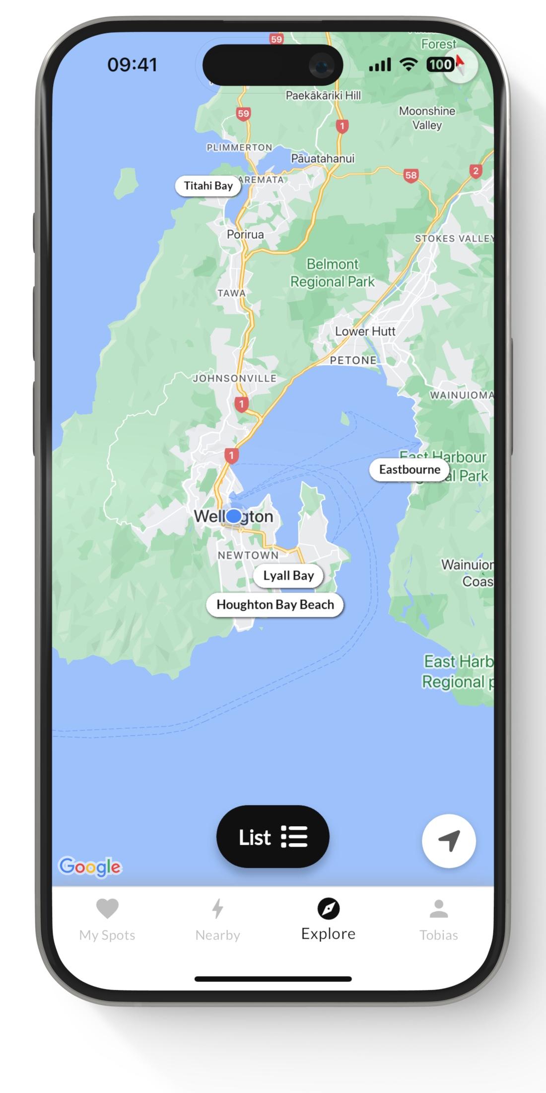 iPhone 15 showing Swellify Map View