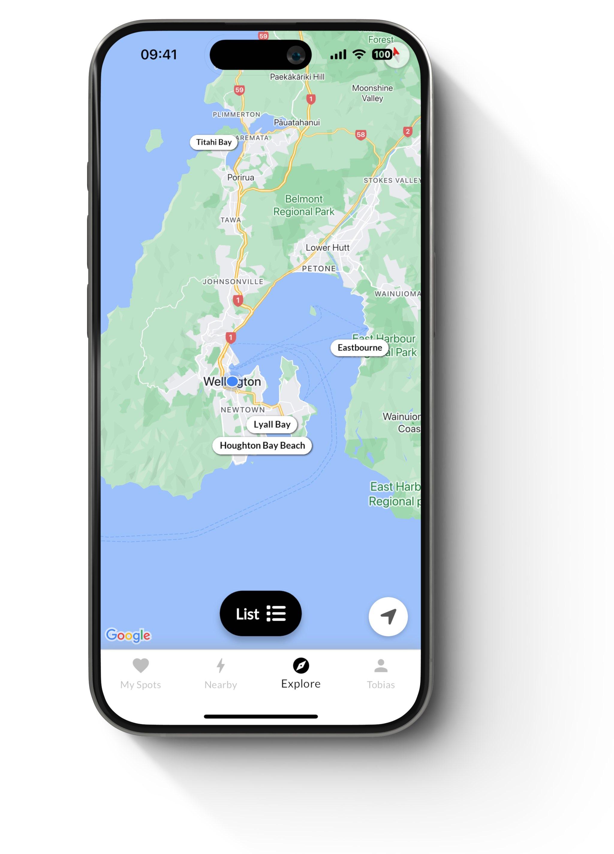 iPhone 15 showing Swellify Map View