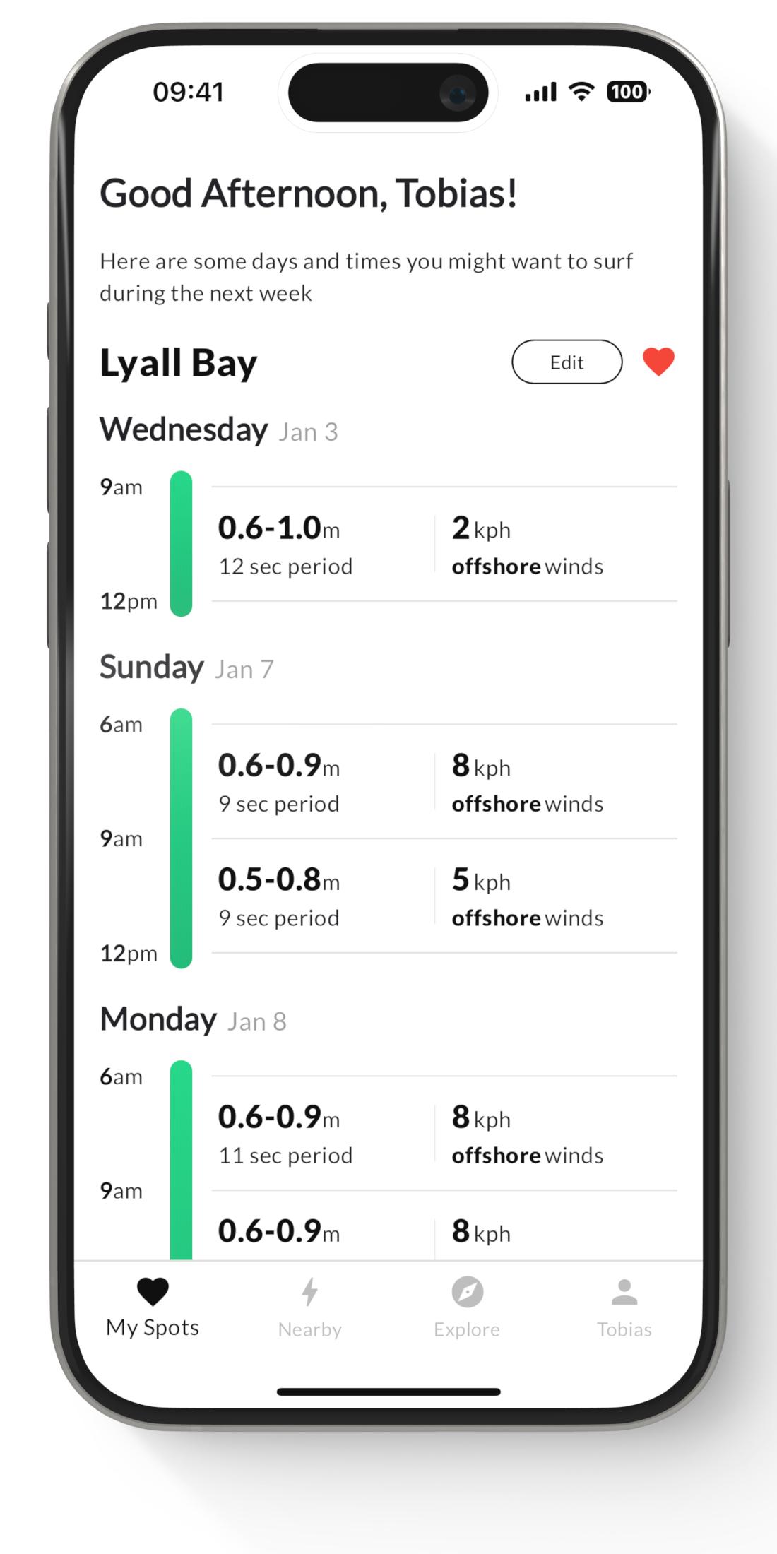 iPhone 15 showing Swellify My Spots tab